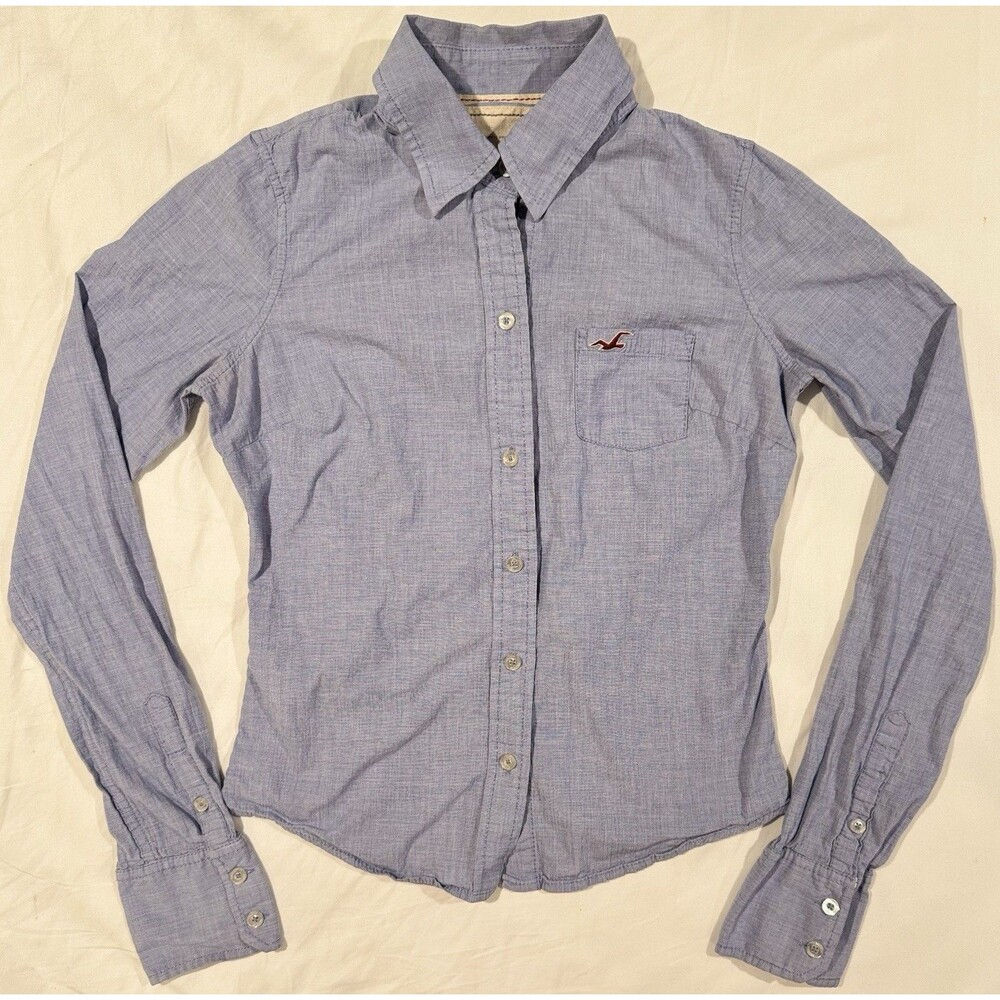 Vintage Y2K Hollister Oxford Blue Cotton Button Down Shirt Sz M Stretch Preppy